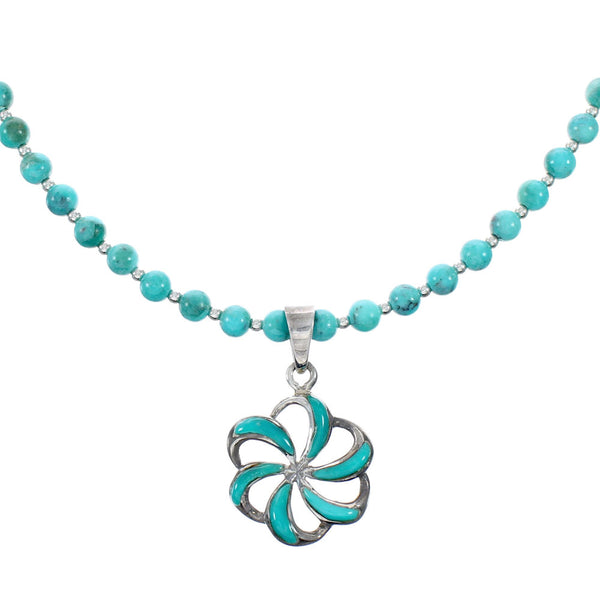 Southwest Flower Turquoise Inlay Sterling Silver Necklace Set TX11314