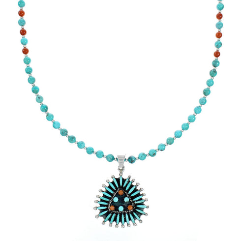 Navajo Turquoise Coral Needlepoint Pendant Bead Sterling Silver Necklace Set TX11313