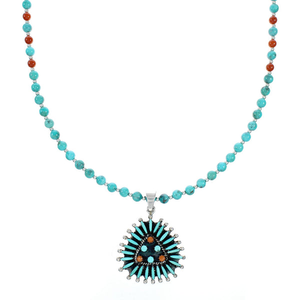 Navajo Turquoise Coral Needlepoint Pendant Bead Sterling Silver Necklace Set TX11313