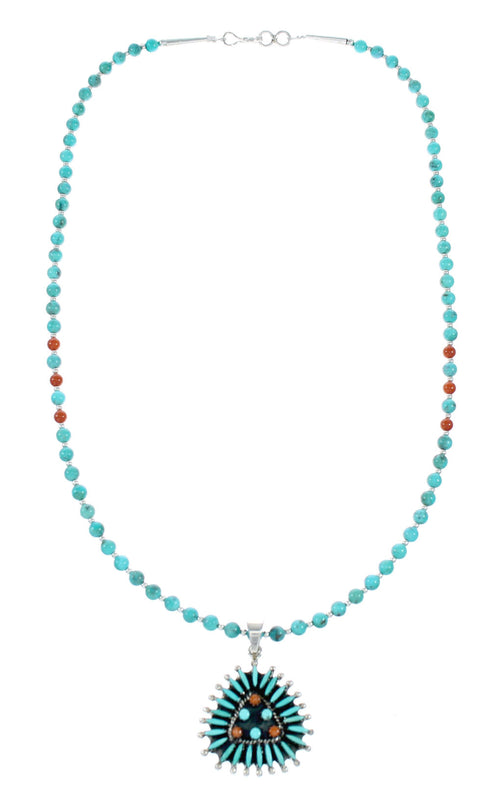Navajo Turquoise Coral Needlepoint Pendant Bead Sterling Silver Necklace Set TX11313