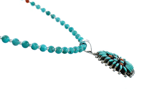 Navajo Turquoise Coral Needlepoint Pendant Bead Sterling Silver Necklace Set TX11313