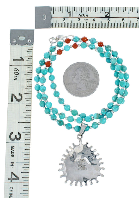 Navajo Turquoise Coral Needlepoint Pendant Bead Sterling Silver Necklace Set TX11313