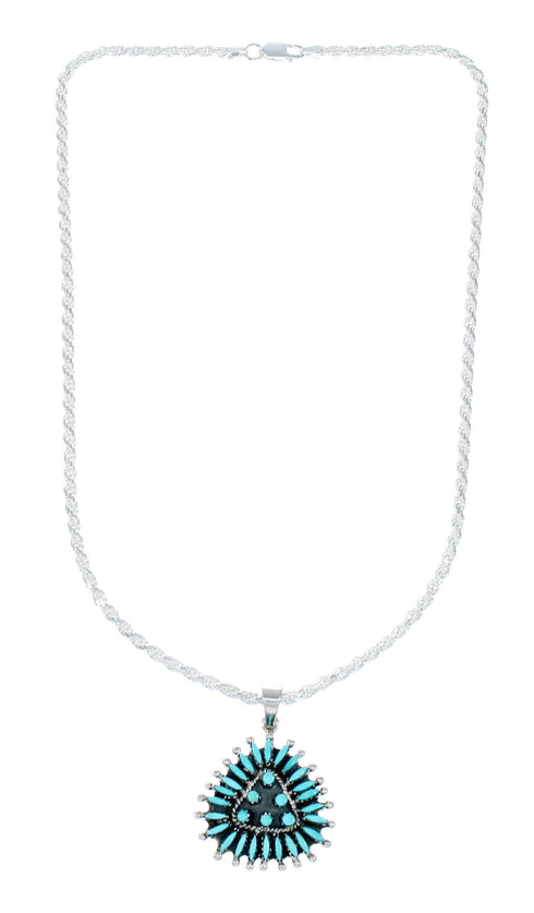 Southwest Silver Italian Rope Chain Turquoise Needlepoint Pendant Set TX11332