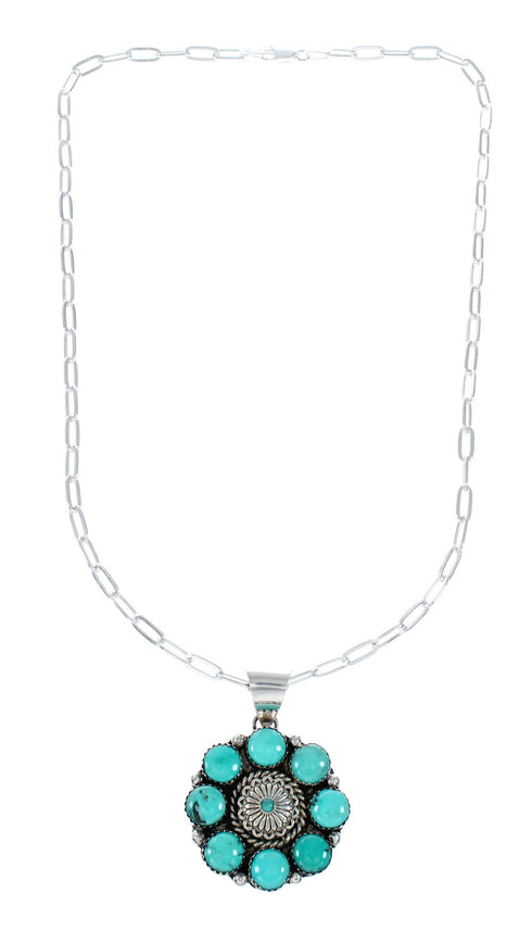 Navajo Turquoise Sterling Silver Concho Pendant Link Necklace Set TX11326