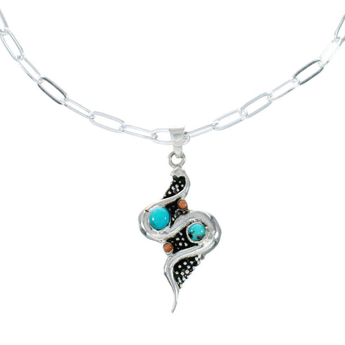 Southwest Sterling Silver Italian Link Chain Turquoise Coral Snake Pendant Necklace Set TX11324