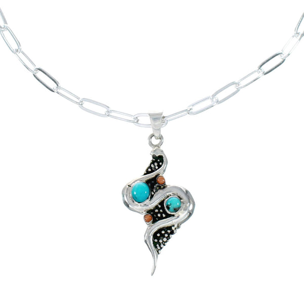 Southwest Sterling Silver Italian Link Chain Turquoise Coral Snake Pendant Necklace Set TX11324