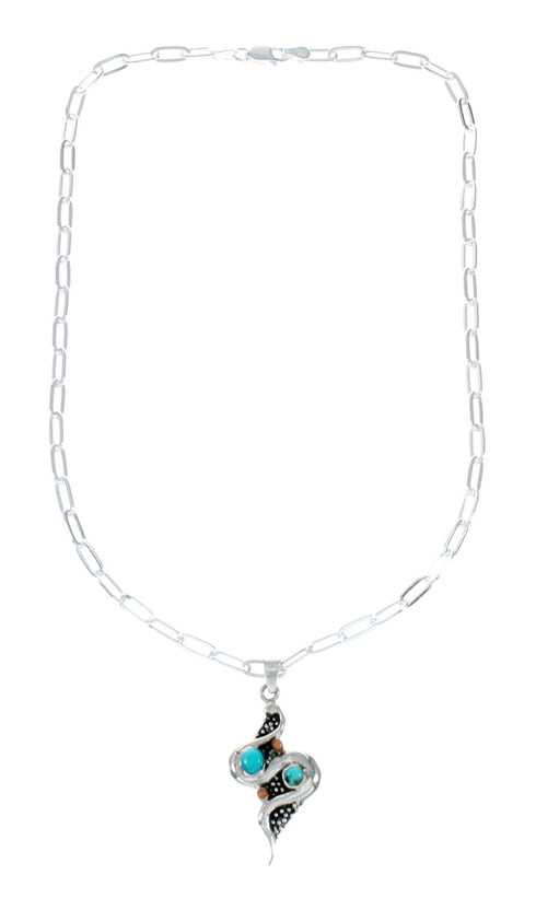Southwest Sterling Silver Italian Link Chain Turquoise Coral Snake Pendant Necklace Set TX11324