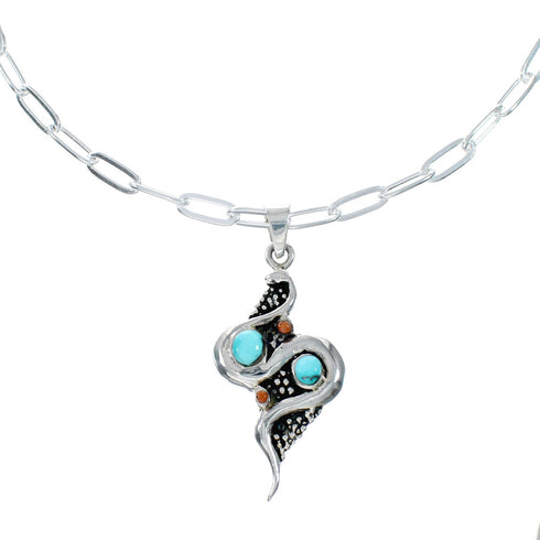 Southwest Sterling Silver Italian Link Chain Turquoise Coral Snake Pendant Necklace Set TX11325