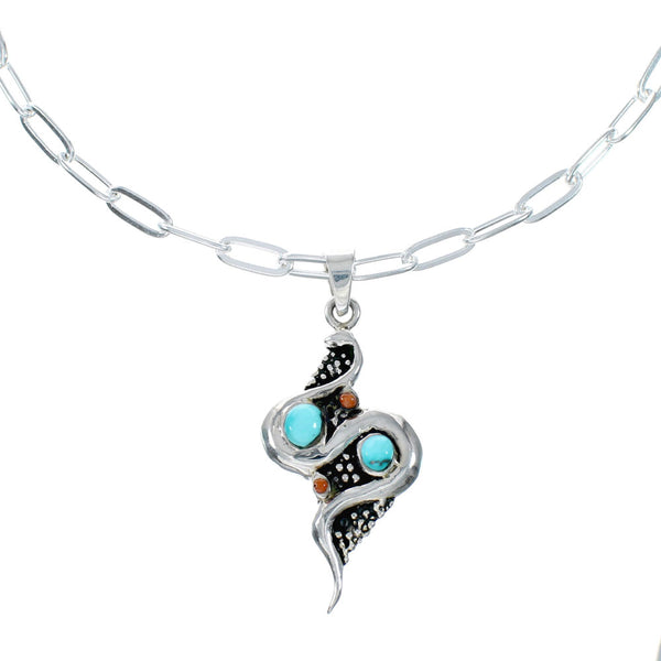 Southwest Sterling Silver Italian Link Chain Turquoise Coral Snake Pendant Necklace Set TX11325