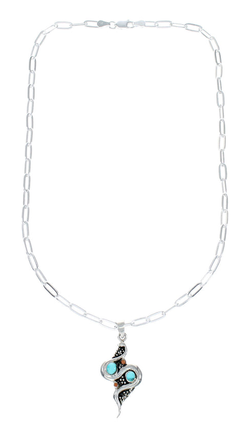 Southwest Sterling Silver Italian Link Chain Turquoise Coral Snake Pendant Necklace Set TX11325