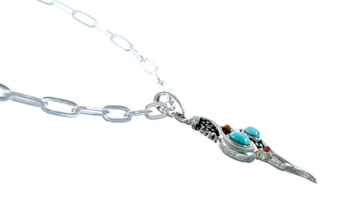 Southwest Sterling Silver Italian Link Chain Turquoise Coral Snake Pendant Necklace Set TX11325