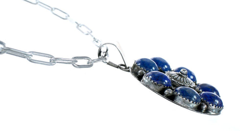 Navajo Lapis Sterling Silver Concho Pendant Link Necklace Set TX11331