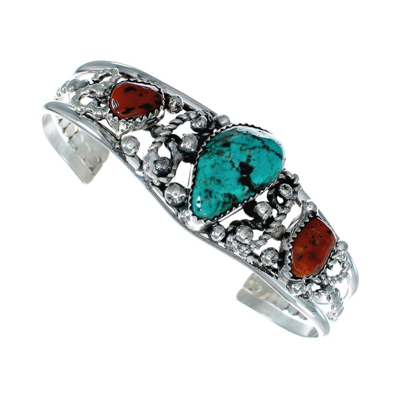 Sterling Silver Turquoise And Coral Navajo Cuff Bracelet TX11340
