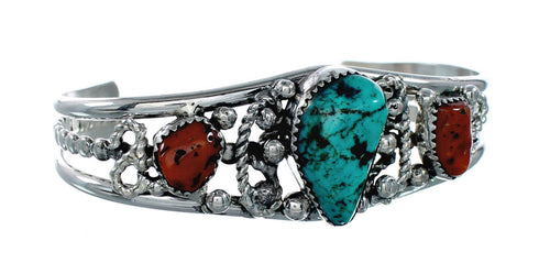 Sterling Silver Turquoise And Coral Navajo Cuff Bracelet TX11340