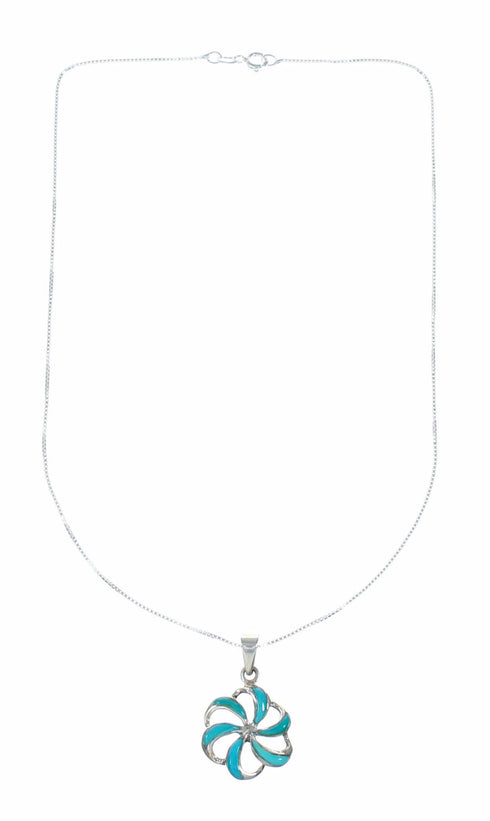 Southwest Turquoise Flower Inlay Sterling Silver Box Chain Necklace Set TX11352