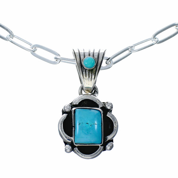 Genuine Navajo Turquoise Pendant Sterling Silver Link Chain Necklace Set TX11380
