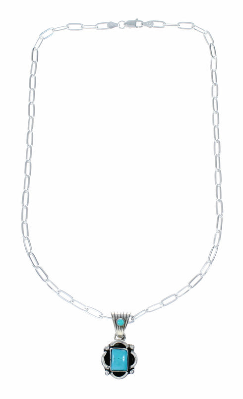 Genuine Navajo Turquoise Pendant Sterling Silver Link Chain Necklace Set TX11380