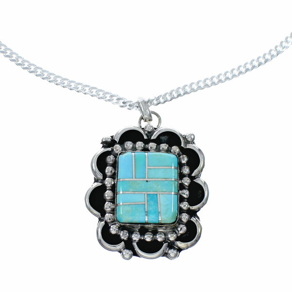 Navajo Turquoise Inlay Pendant Sterling Silver Box Chain Necklace Set TX11379