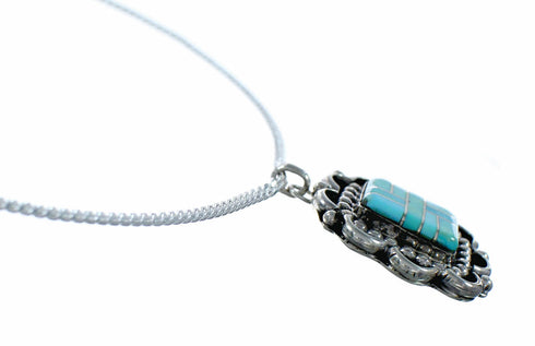 Navajo Turquoise Inlay Pendant Sterling Silver Box Chain Necklace Set TX11379