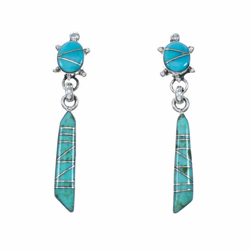 Southwest Turquoise And Sterling Silver Post Dangle Turtle Inlay Earrings TX11384