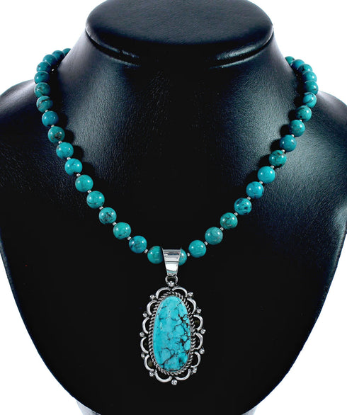 Genuine Navajo Turquoise Sterling Silver Necklace Pendant Set TX11374