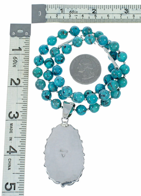 Genuine Navajo Turquoise Sterling Silver Necklace Pendant Set TX11374