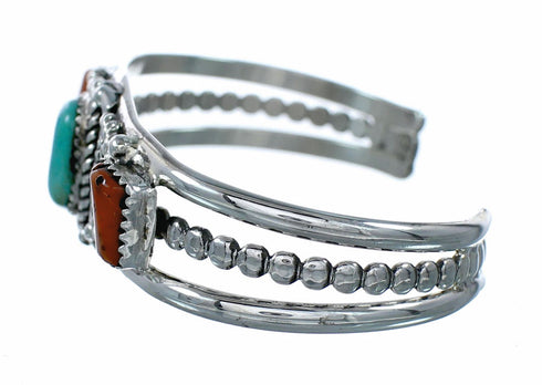 Sterling Silver Turquoise And Coral Navajo Cuff Bracelet TX11377