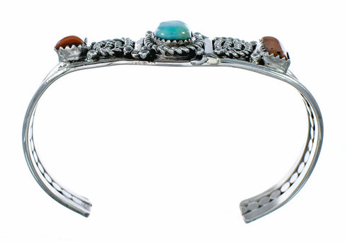 Sterling Silver Turquoise And Coral Navajo Cuff Bracelet TX11377