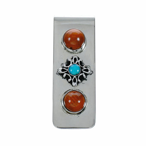 Native American Turquoise Coral Sterling Silver Navajo Money Clip TX11387