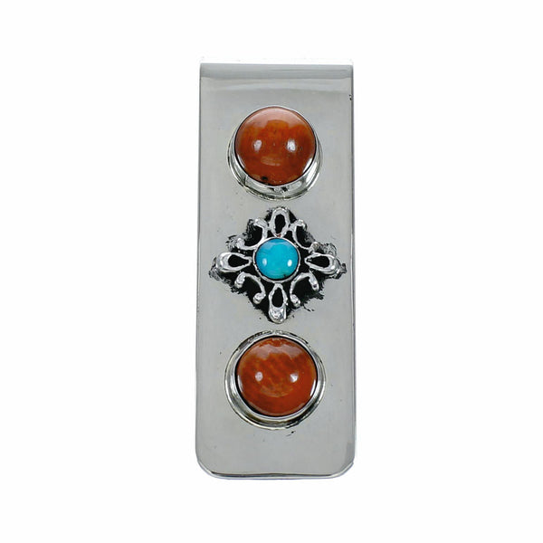 Native American Turquoise Coral Sterling Silver Navajo Money Clip TX11387