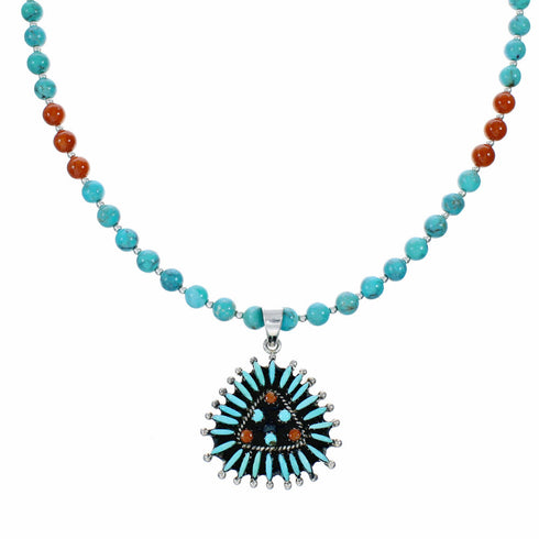 Navajo Turquoise Coral Needlepoint Pendant Bead Sterling Silver Necklace Set TX11395