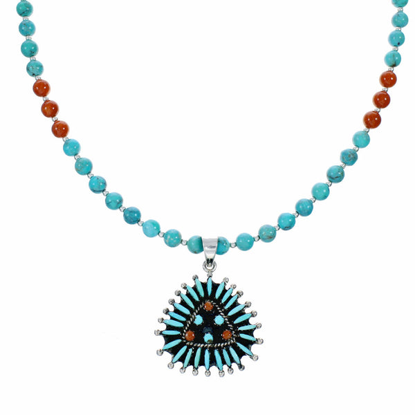 Navajo Turquoise Coral Needlepoint Pendant Bead Sterling Silver Necklace Set TX11395