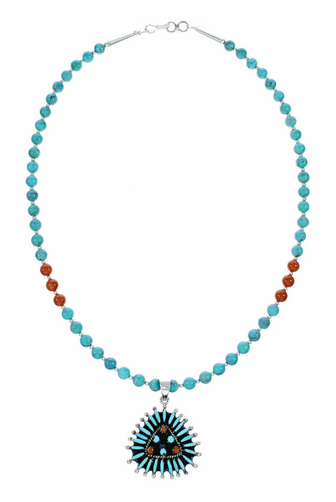 Navajo Turquoise Coral Needlepoint Pendant Bead Sterling Silver Necklace Set TX11395