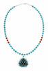 Navajo Turquoise Coral Needlepoint Pendant Bead Sterling Silver Necklace Set TX11395