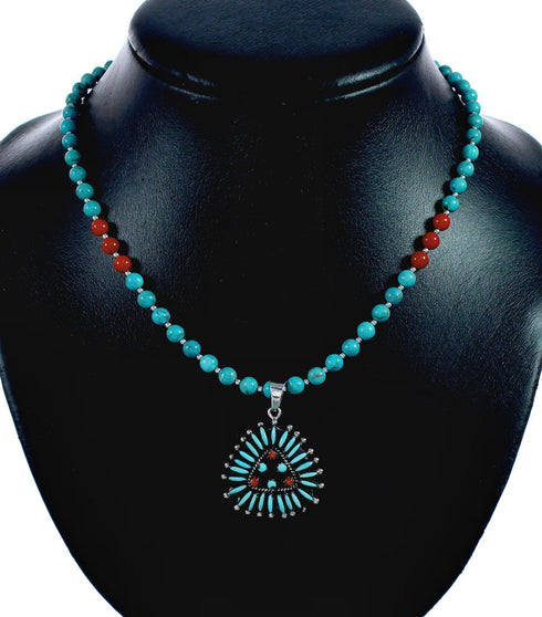 Navajo Turquoise Coral Needlepoint Pendant Bead Sterling Silver Necklace Set TX11395