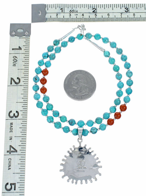 Navajo Turquoise Coral Needlepoint Pendant Bead Sterling Silver Necklace Set TX11395