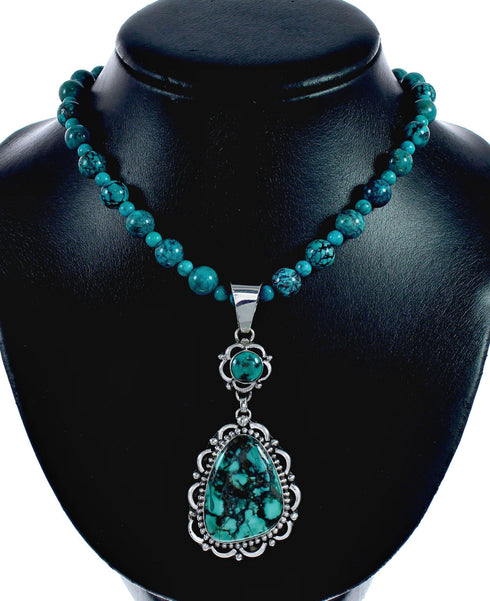 Genuine Navajo Turquoise Sterling Silver Necklace Pendant Set TX11397