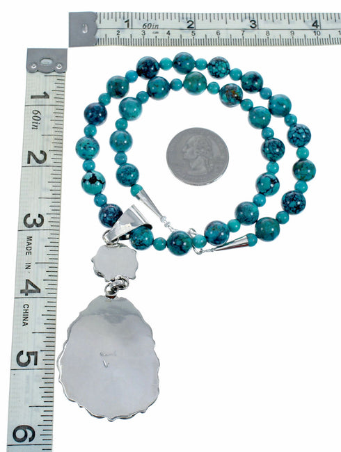 Genuine Navajo Turquoise Sterling Silver Necklace Pendant Set TX11397
