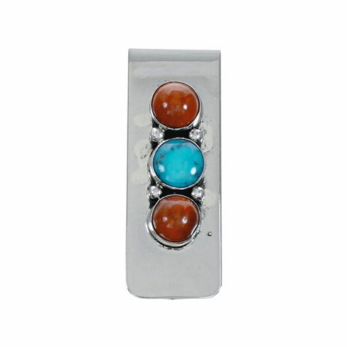 Native American Turquoise Coral Sterling Silver Navajo Money Clip TX11394