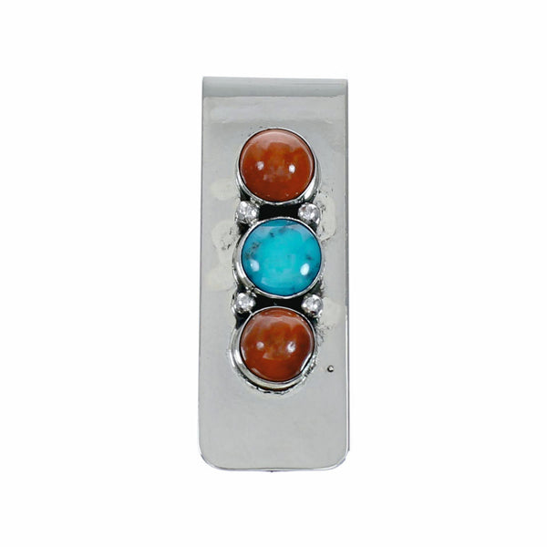 Native American Turquoise Coral Sterling Silver Navajo Money Clip TX11394
