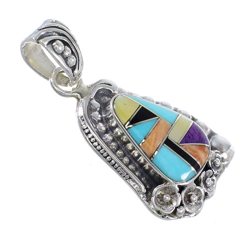 Genuine Sterling Silver Multicolor Inlay Flower Pendant RX70638