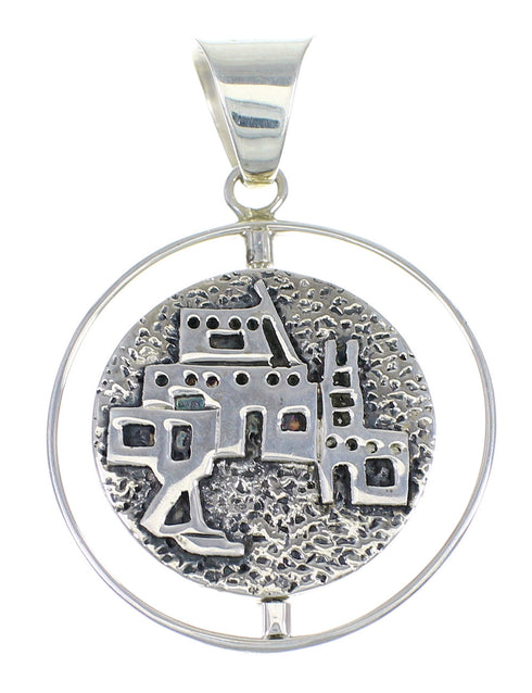 Native American Pueblo Village Design Silver And Multicolor Southwest Reversible Pendant YX68203