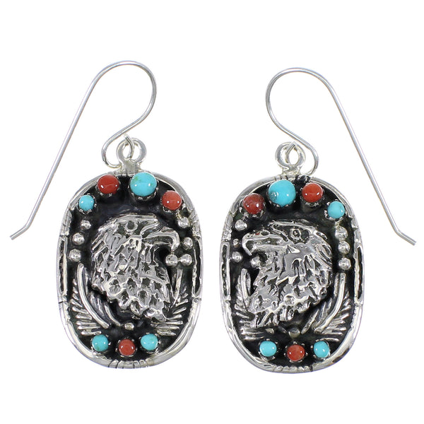 Sterling Silver Turquoise And Coral Southwestern Eagle Hook Dangle Earrings YX68061