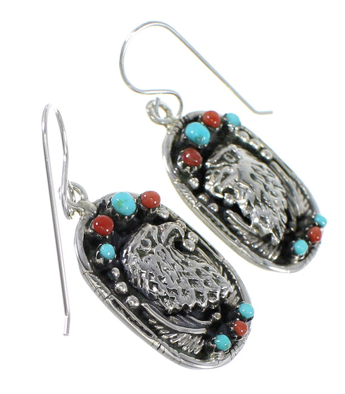Sterling Silver Turquoise And Coral Southwestern Eagle Hook Dangle Earrings YX68061