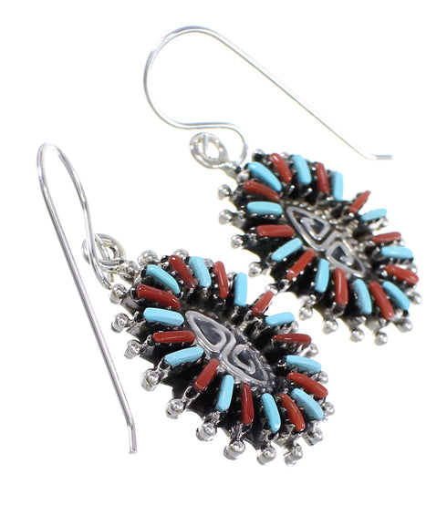 Sterling Silver Turquoise And Coral Southwest Needlepoint Water Wave Hook Dangle Earrings YX68088