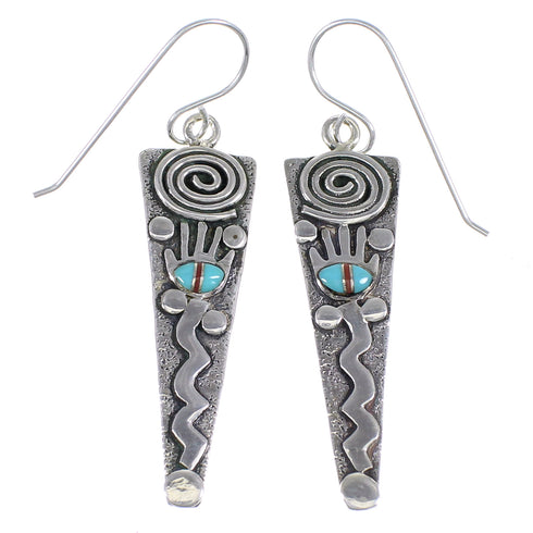 Sterling Silver Turquoise And Coral Southwest Hand Water Wave Hook Dangle Earrings YX68097