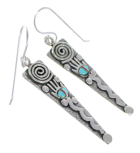 Sterling Silver Turquoise And Coral Southwest Hand Water Wave Hook Dangle Earrings YX68097