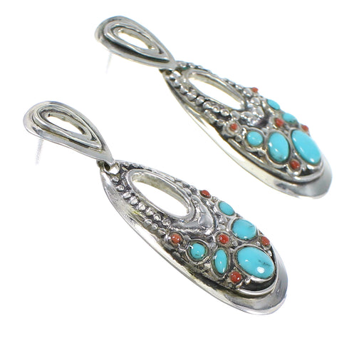 Sterling Silver Turquoise And Coral Southwestern Post Dangle Earrings YX68120