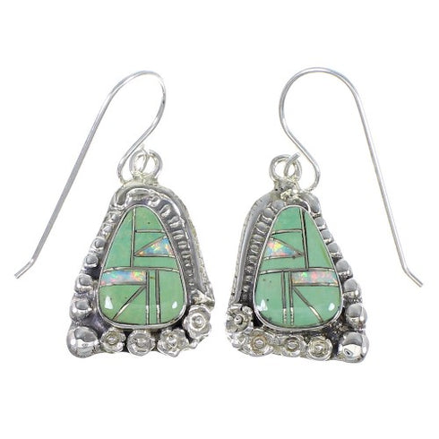 Turquoise Opal Silver Southwest Flower Hook Dangle Earrings QX82086