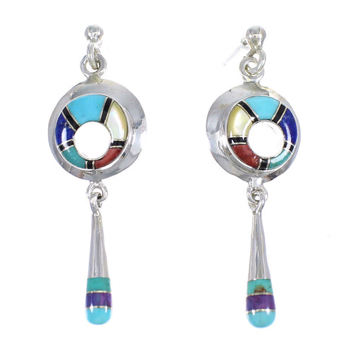 Southwestern Multicolor Inlay Sterling Silver Post Dangle Earrings RX70395